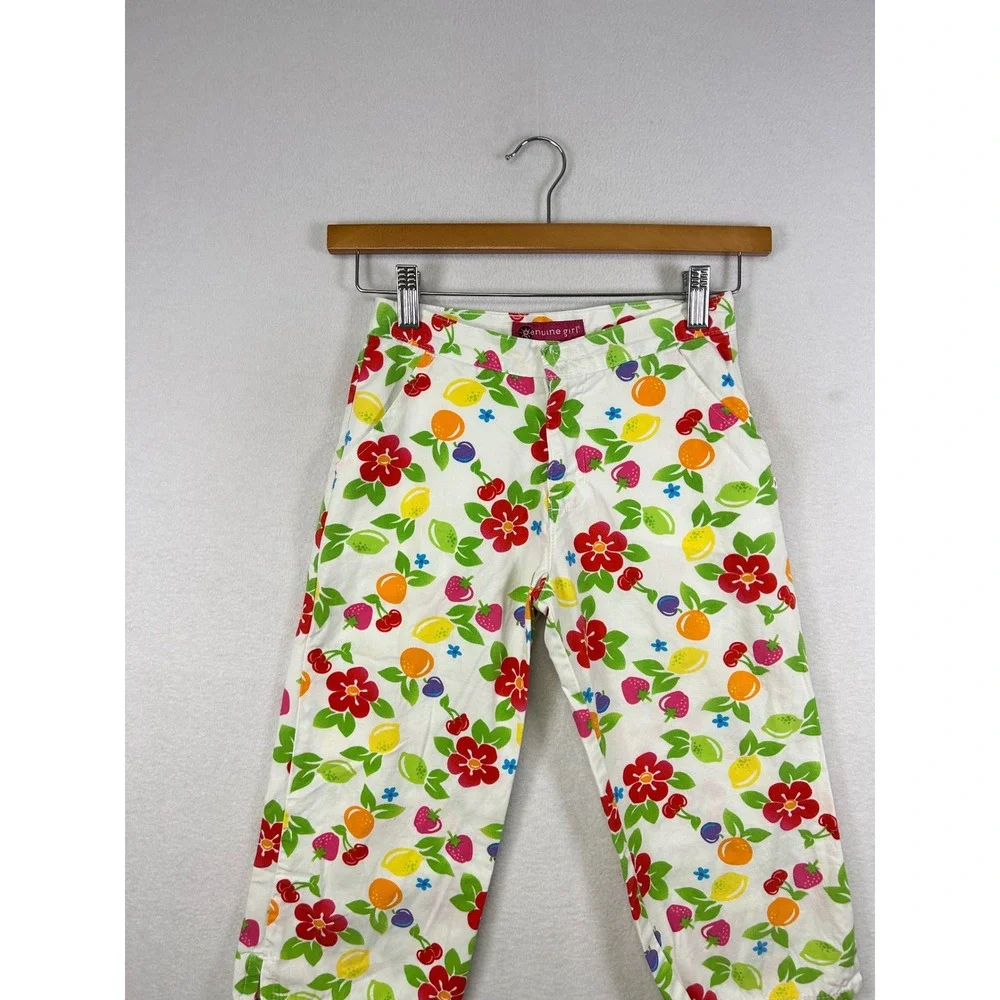 Vintage Genuine Girl Kid Fruit Flower Print Pant White Casual Cropped Leg Size 8